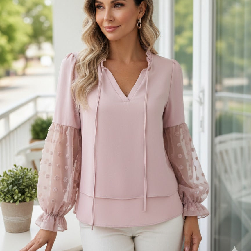 Women's V-Neck Fashion Blouse with Elegant Sheer Sleeves