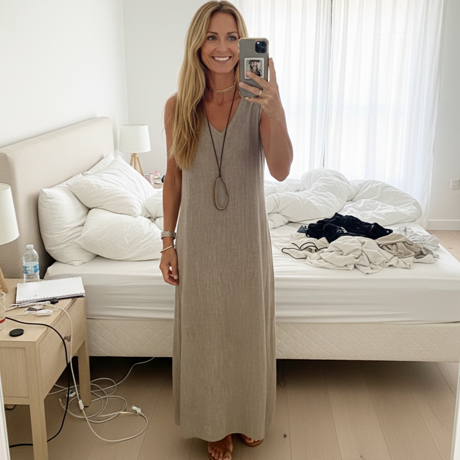 Women's Sleeveless V-Neck Casual Dress with Elegant Linen Texture