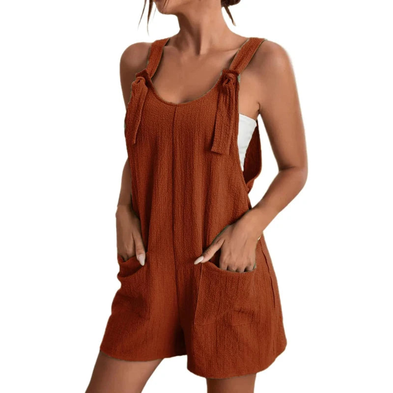 Mono de moda para mujer, verano 20224, sin mangas con tiras, informal, holgado, liso con bolsillos, monos cortos, ropa de calle de oficina para mujer