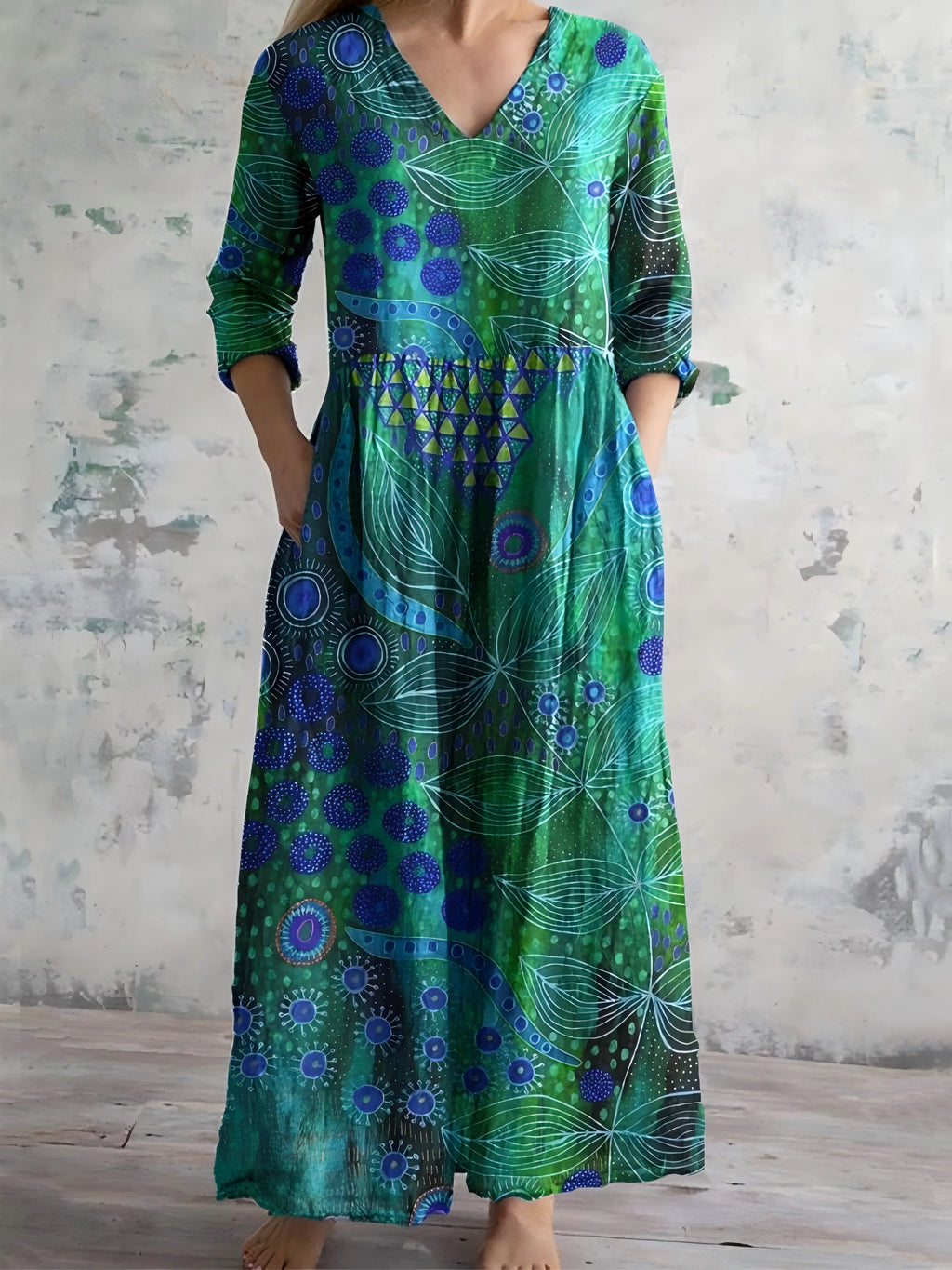 Abstract Geometric Print Maxi Dress Long Sleeve V-Neck, Women's Modern Art Pattern Dress with Pockets, Contemporary Style Gown