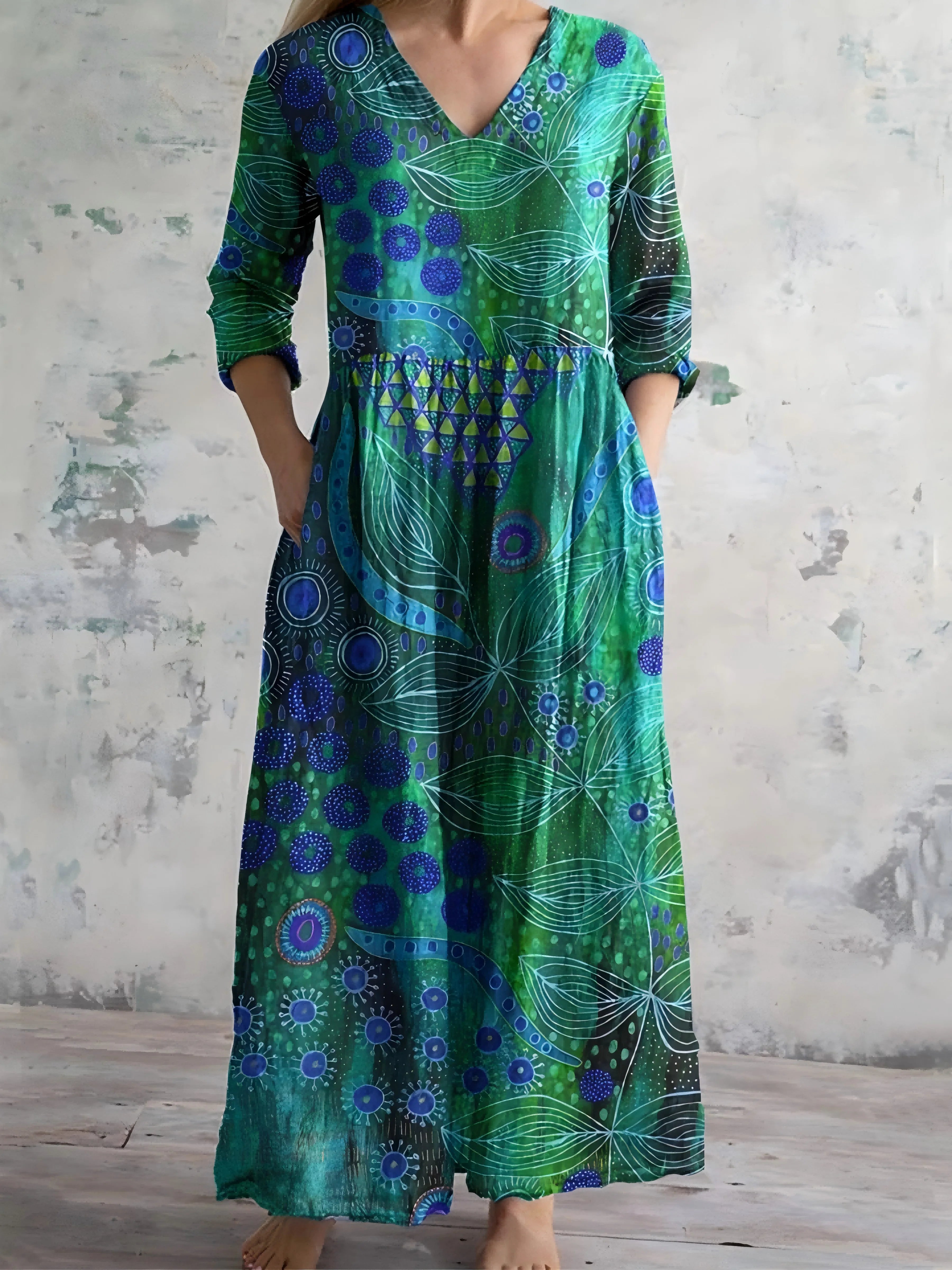 Abstract Geometric Print Maxi Dress Long Sleeve V-Neck, Women's Modern Art Pattern Dress with Pockets, Contemporary Style Gown