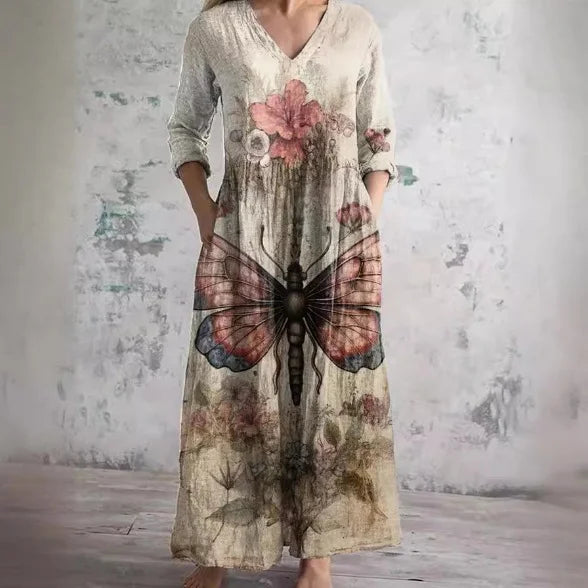 Abstract Geometric Print Maxi Dress Long Sleeve V-Neck, Women's Modern Art Pattern Dress with Pockets, Contemporary Style Gown