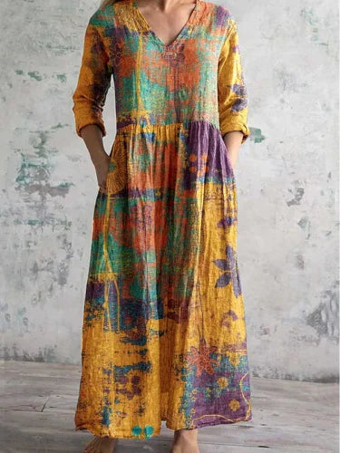 Abstract Geometric Print Maxi Dress Long Sleeve V-Neck, Women's Modern Art Pattern Dress with Pockets, Contemporary Style Gown