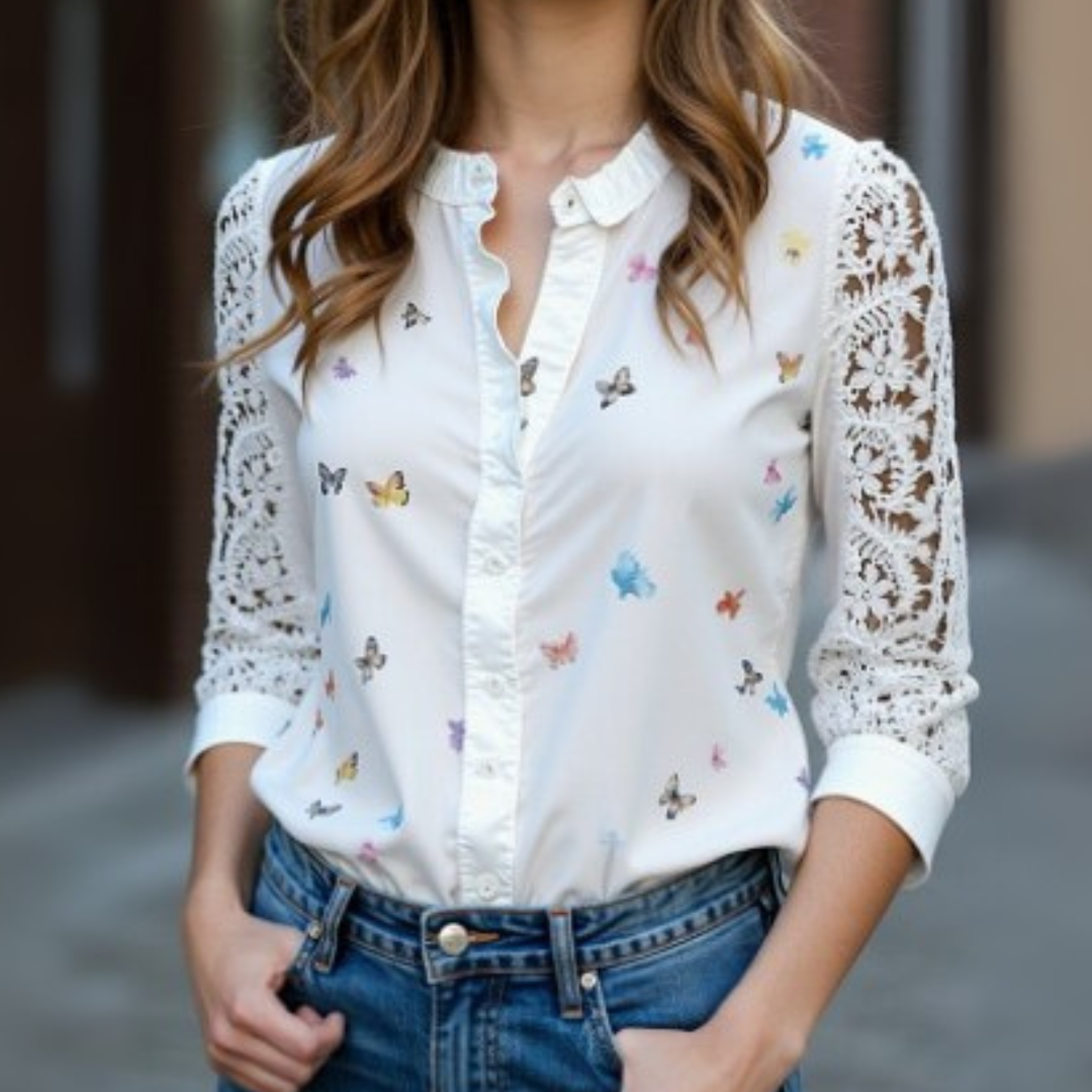 Women's Blouse with Delicate Lace and Butterfly Print