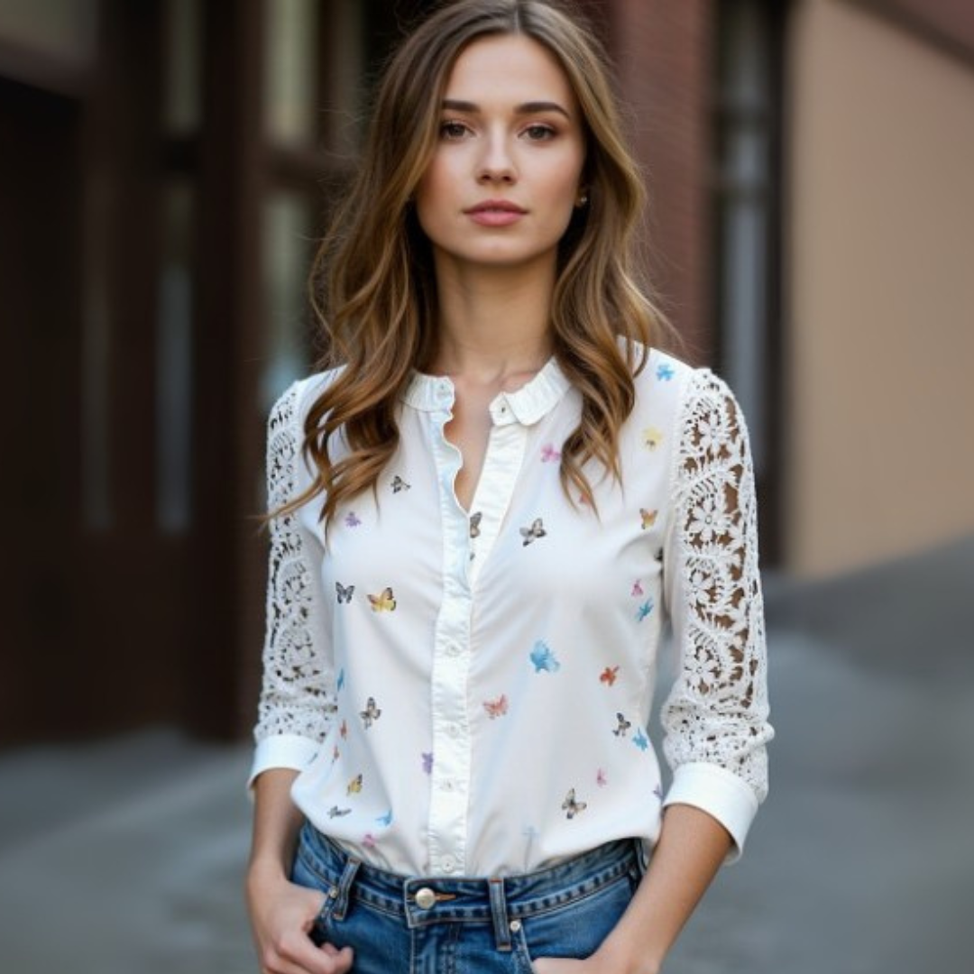 Women's Blouse with Delicate Lace and Butterfly Print