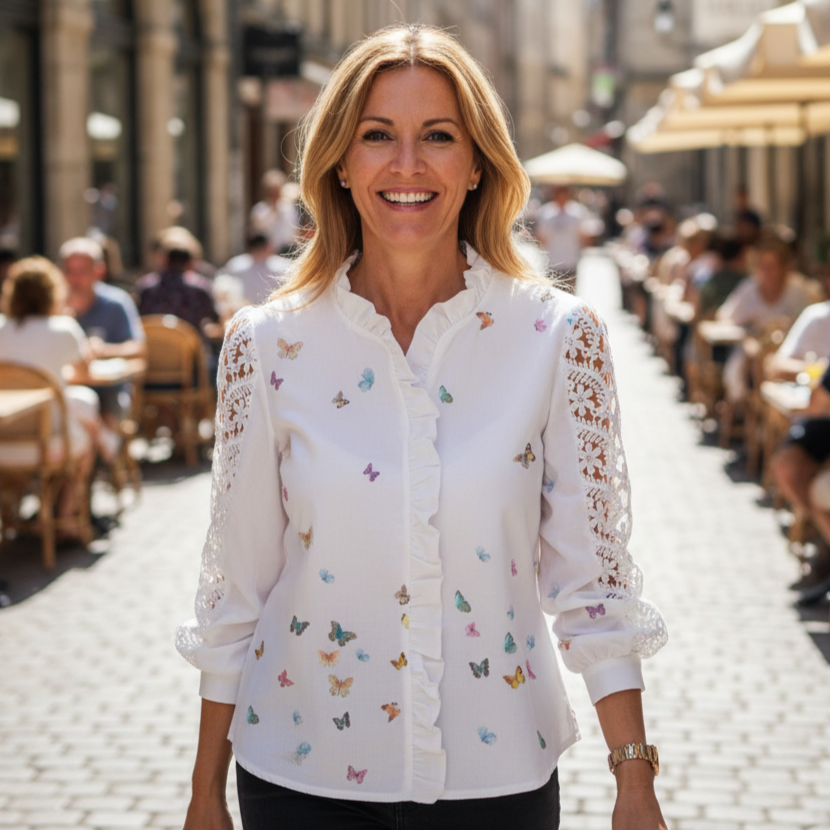 Women's Blouse with Delicate Lace and Butterfly Print