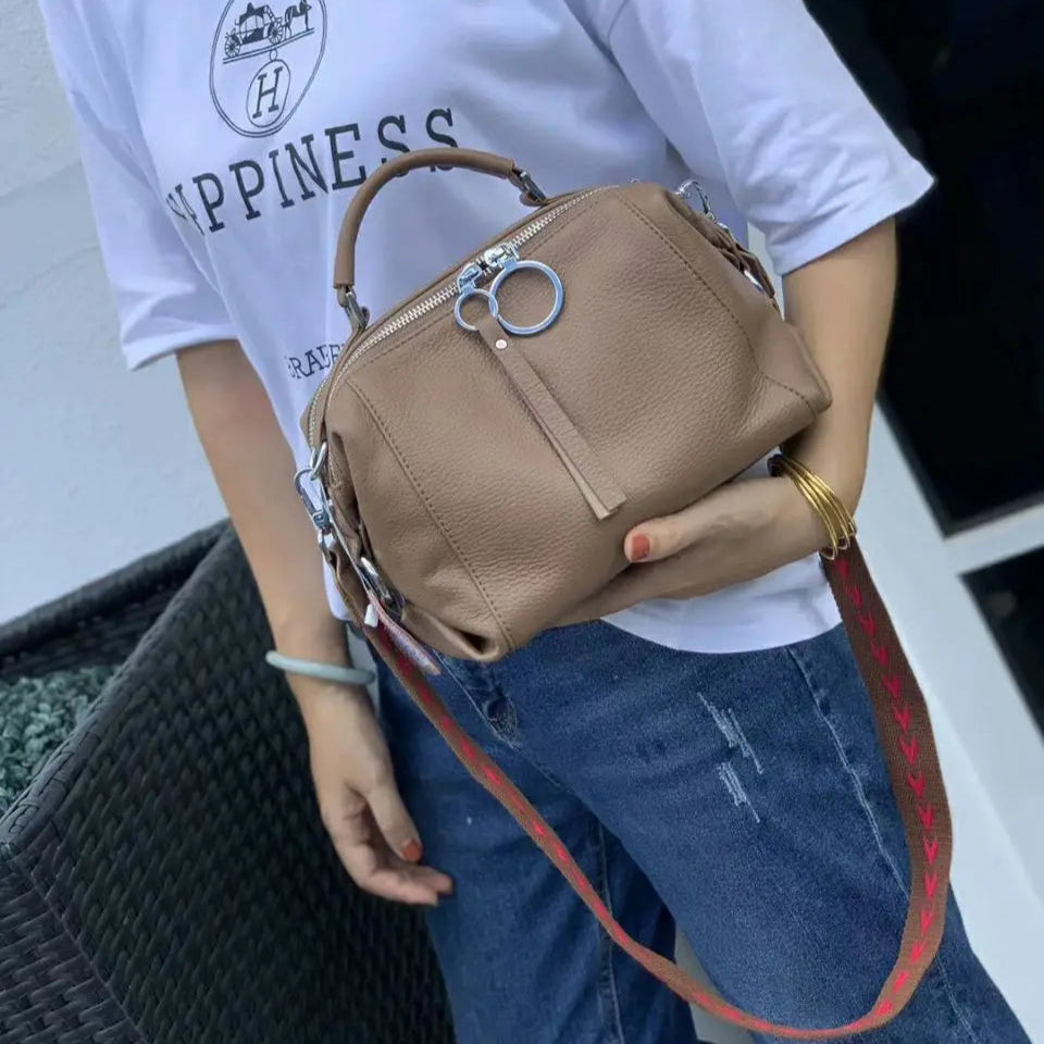 Zency Elegant Genuine Leather Handbag Women Shoulder Bag Large Capacity Simple Medium Tote Bag Crossbody Bag With Two Straps
