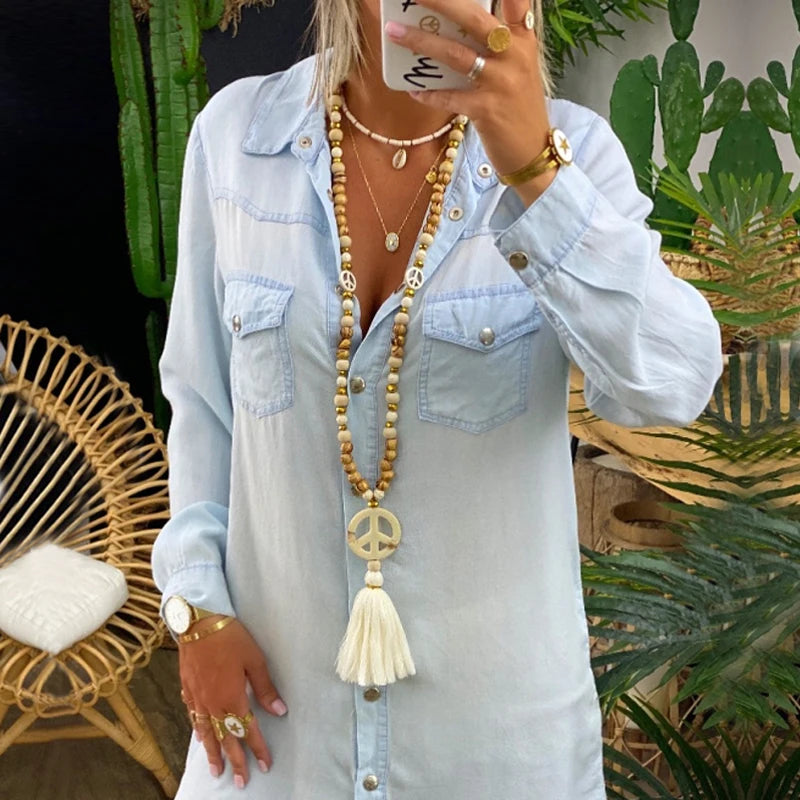 Yumfeel Tassel Long Necklace Handmade Wood Beads Stone Peaceful Pendant Women Summer Beach Dresses Necklaces