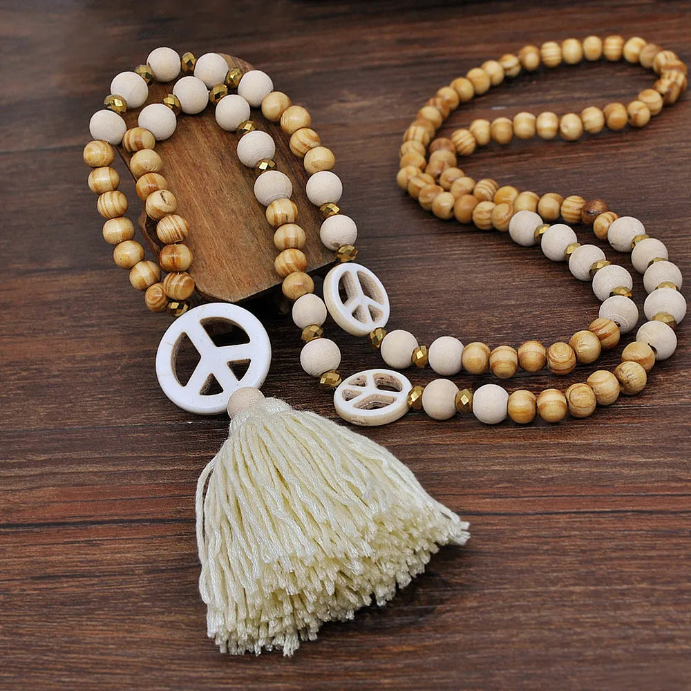 Yumfeel Tassel Long Necklace Handmade Wood Beads Stone Peaceful Pendant Women Summer Beach Dresses Necklaces