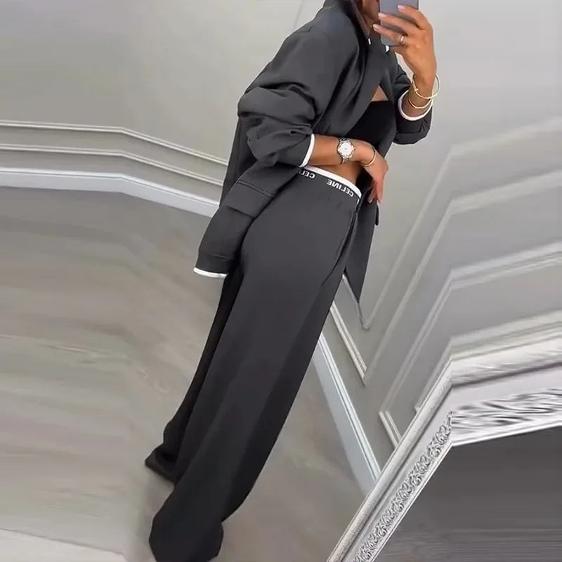 Autumn Casual Women's Suit Set Sexy Turn-down Collar Button Blazer & Straight-leg Pants Set Winter Solid Long Sleeve Chic Outfit