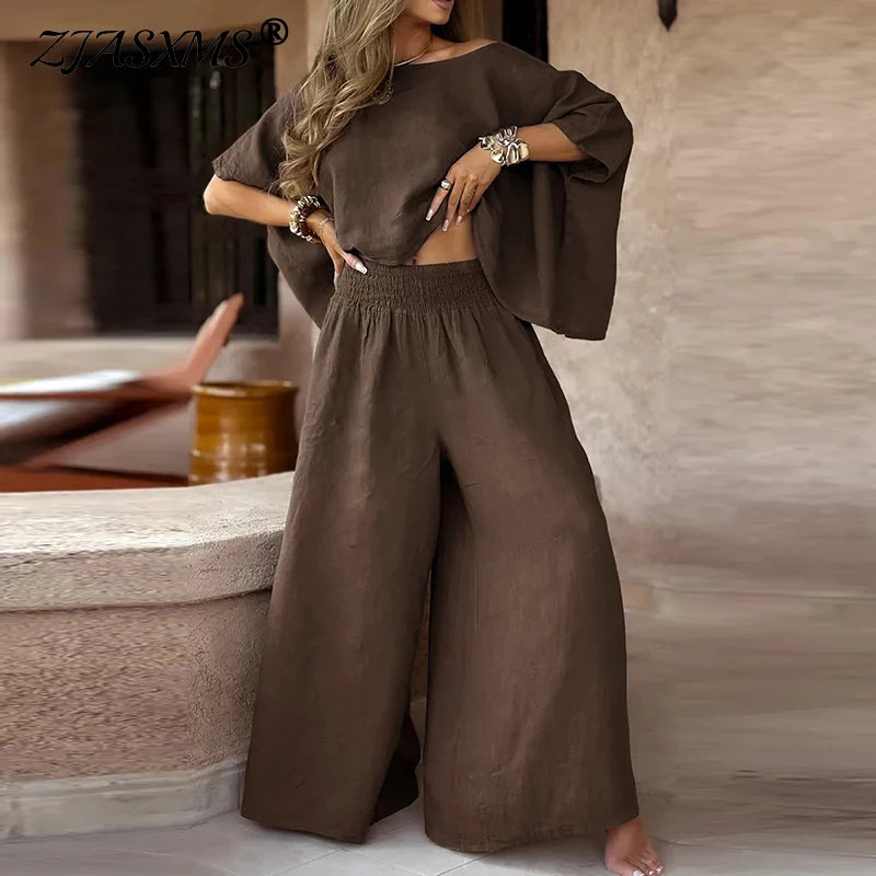 2025 Spring O-Neck Loose Women's Suit Sexy Off Shoulder Top Pullover & Wide Leg Pant Sets Summer Female Two Piece Casual Outfits