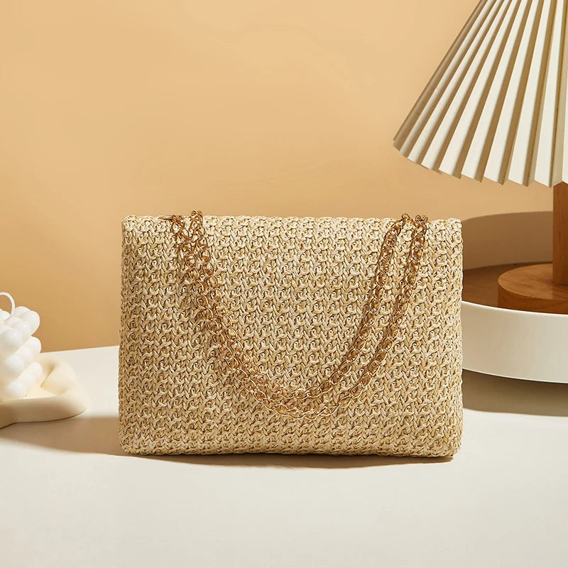 Fashion Straw Women Chain Shoulder Bag Woven High Capacity Buckle Closure Clutch Handmade Crossbody Bag Women