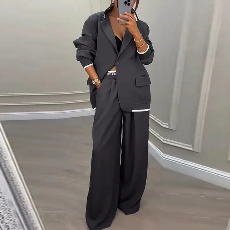 Autumn Casual Women's Suit Set Sexy Turn-down Collar Button Blazer & Straight-leg Pants Set Winter Solid Long Sleeve Chic Outfit