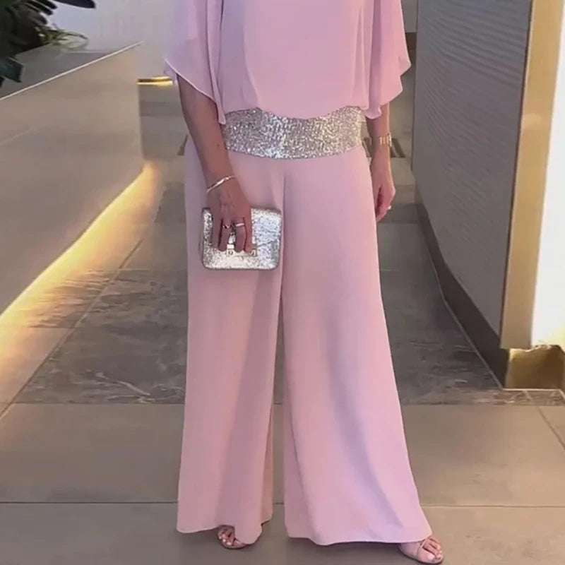 Pink Sequin Spinning Tunic Suit Women Spring O Neck Top Pullover & Wide Leg Pants Outfit Summer Batwing Sleeve Loose Chiffon Set