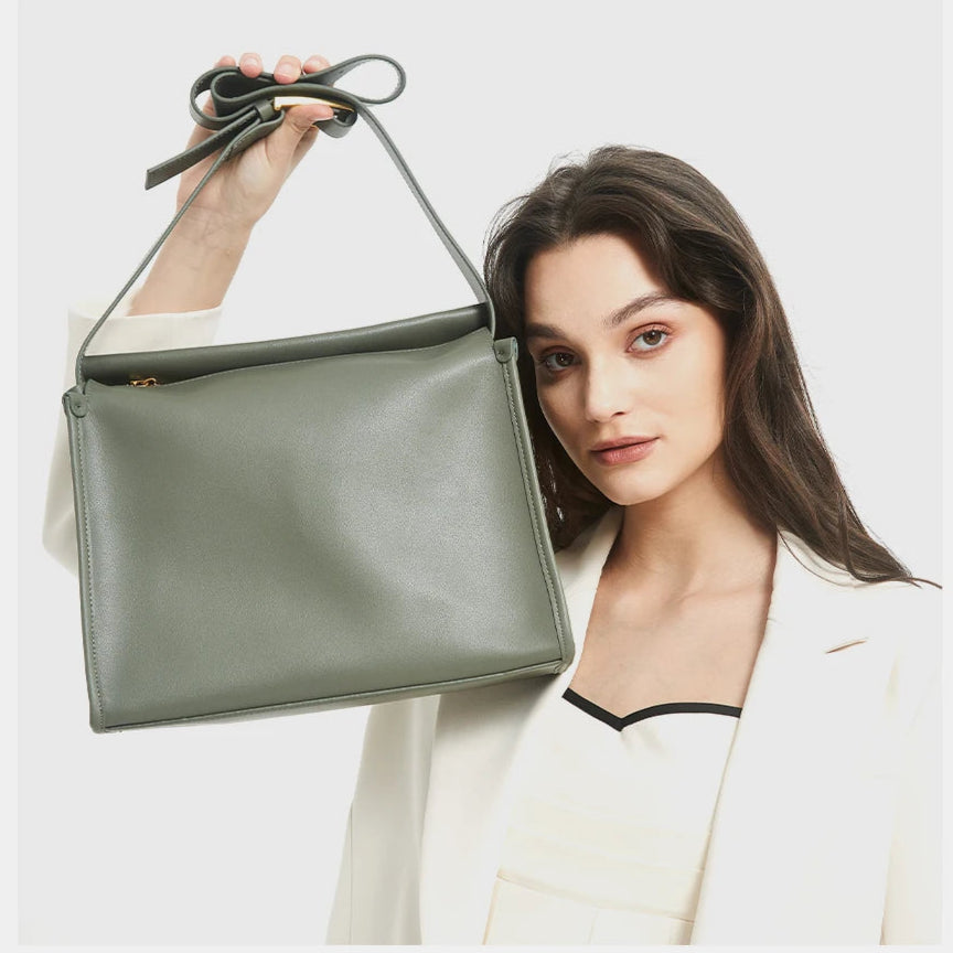 Zency Women's Messenger Bag Soft Genuine Leather Crossbody Bag Satchel Large Capacity Pockets Designer Dark Green Handbag