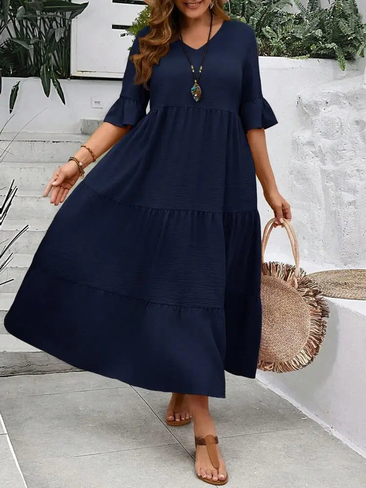 2024 Spring and Summer New Large V-neck Splicing Multi color Multi plus size Long Style Large Swing Dress