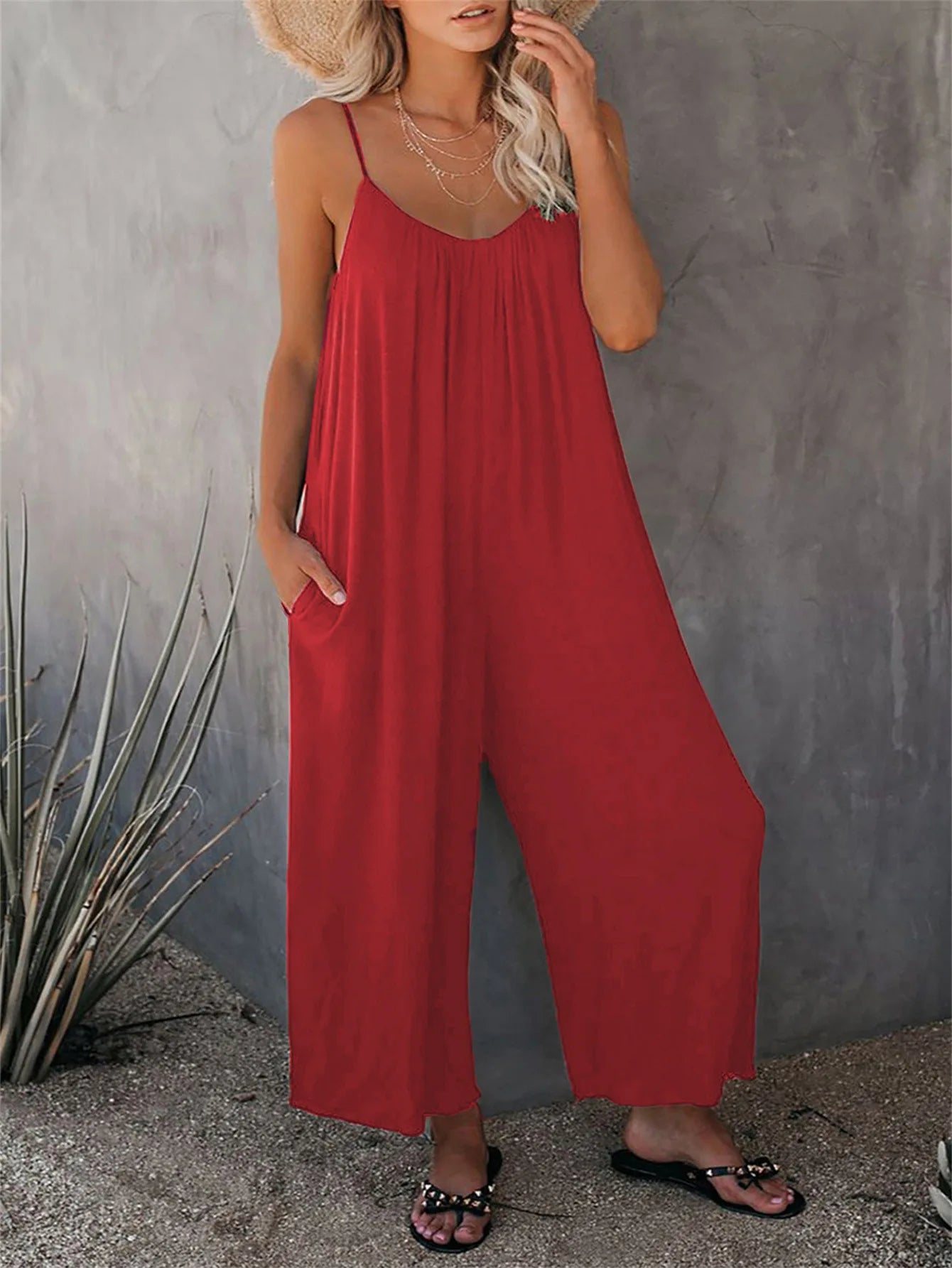 Mono de camisola para mujer, peto holgado informal con bolsillo de Color liso, rojo sin mangas, Sexy, versátil, novedad de verano 2024