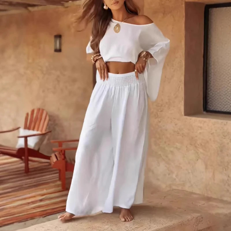 2025 Spring O-Neck Loose Women's Suit Sexy Off Shoulder Top Pullover & Wide Leg Pant Sets Summer Female Two Piece Casual Outfits