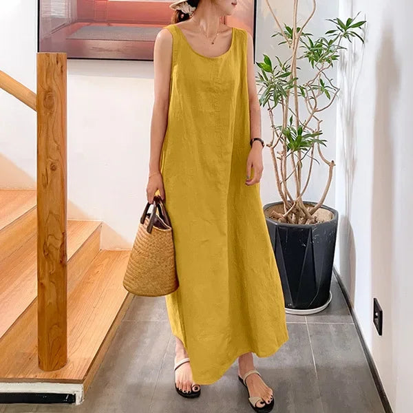 Vestido largo elegante de lino y algodón para mujer, novedad de verano, vestido holgado con cuello redondo y bolsillos, vestido de estilo Simple sin mangas