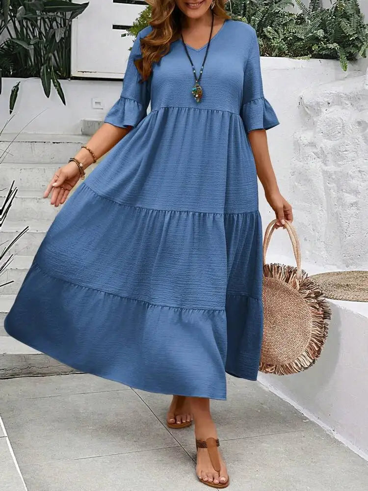 2024 Spring and Summer New Large V-neck Splicing Multi color Multi plus size Long Style Large Swing Dress