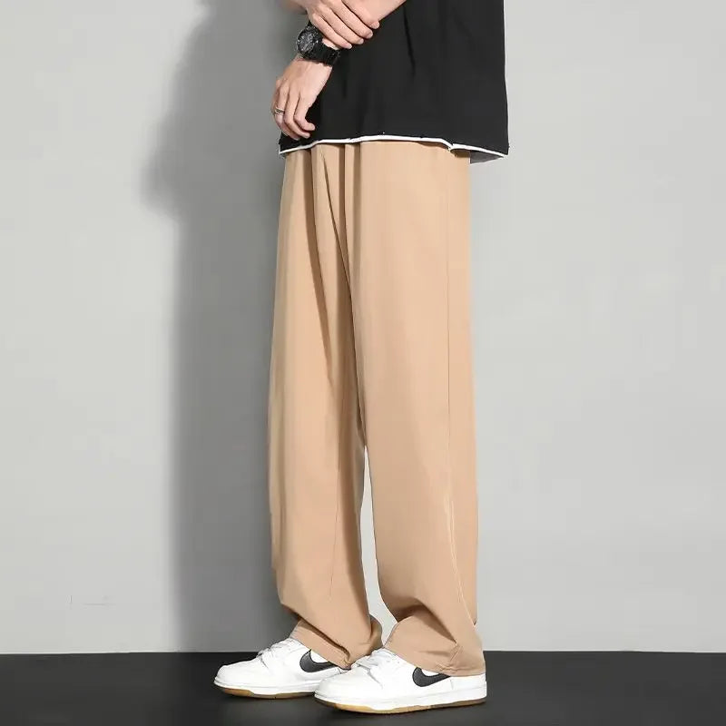 Men's Ice Silk Wide Leg Pants Thin Man Black Comfortable Quick Drying Pants Summer Loose Casual Streetwear Loose Trouser