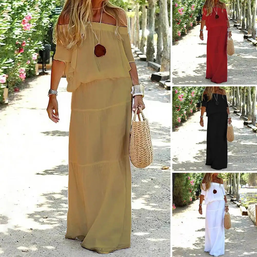 Casual Dress Off Shoulder Short Sleeve Elastic Waist Women Dress Solid Color Loose Cut Slim Party Dress