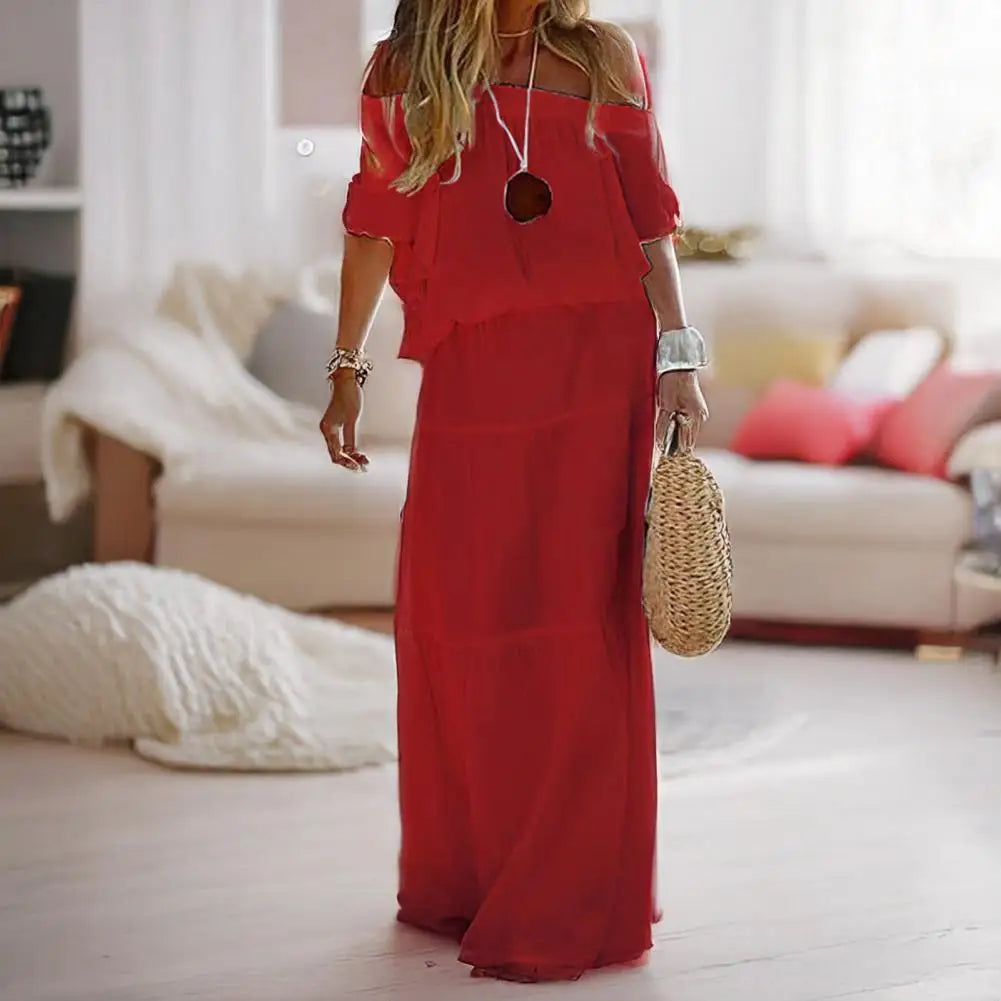 Casual Dress Off Shoulder Short Sleeve Elastic Waist Women Dress Solid Color Loose Cut Slim Party Dress