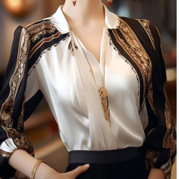 2024 Spring Autumn New Women's Elegant Simplicity Appear Thin Versatile Long Sleeve Printed V-Neck Patchwork Chiffon Tops
