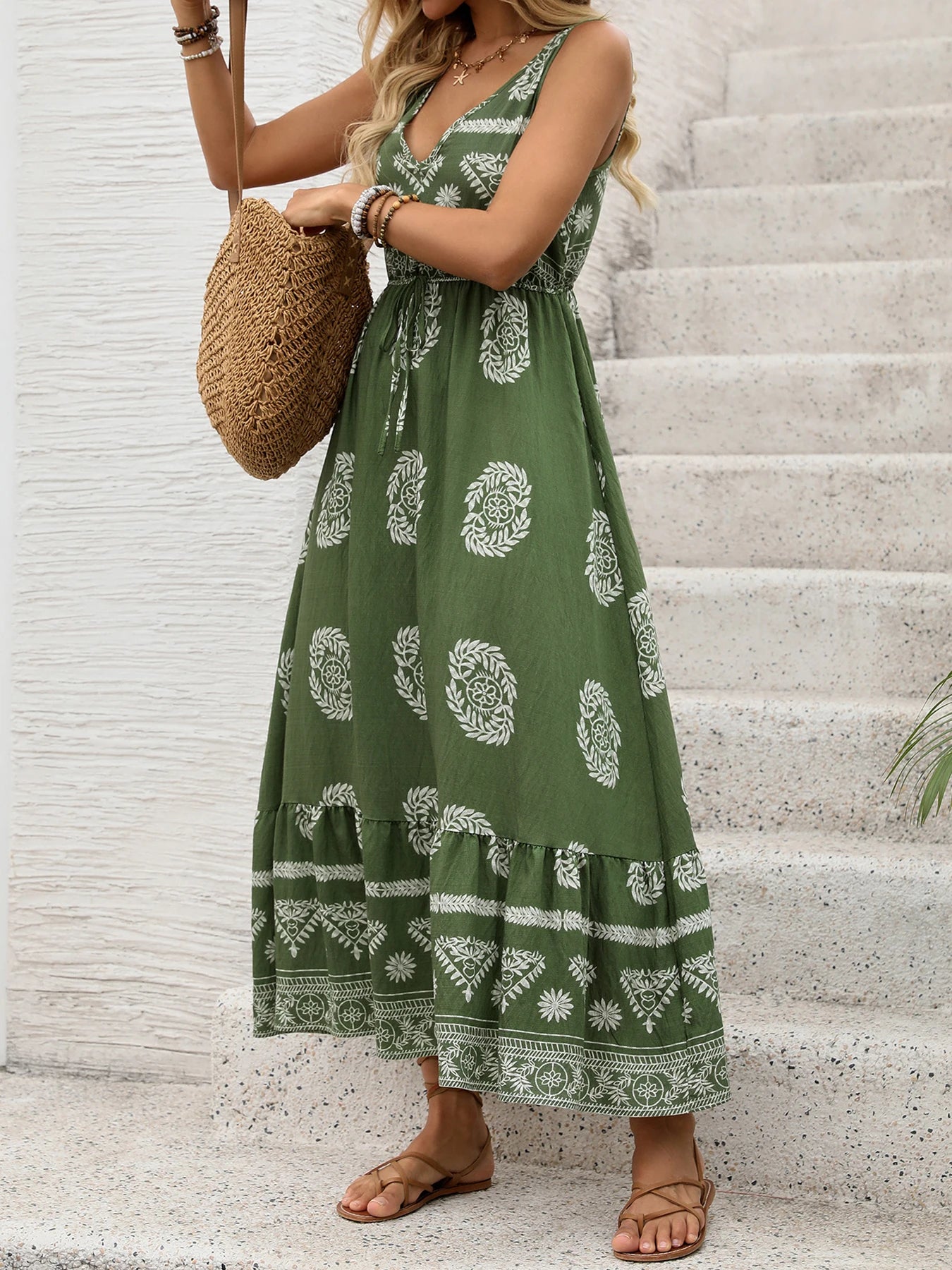 2025 summer hot selling new sleeveless printed dress national holiday style V-neck long skirt women