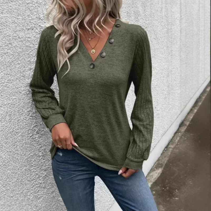 2025Popular2025New European and American Style Autumn New Button Decoration PatchworkVCollarTWomen's Pullover T-Shirt