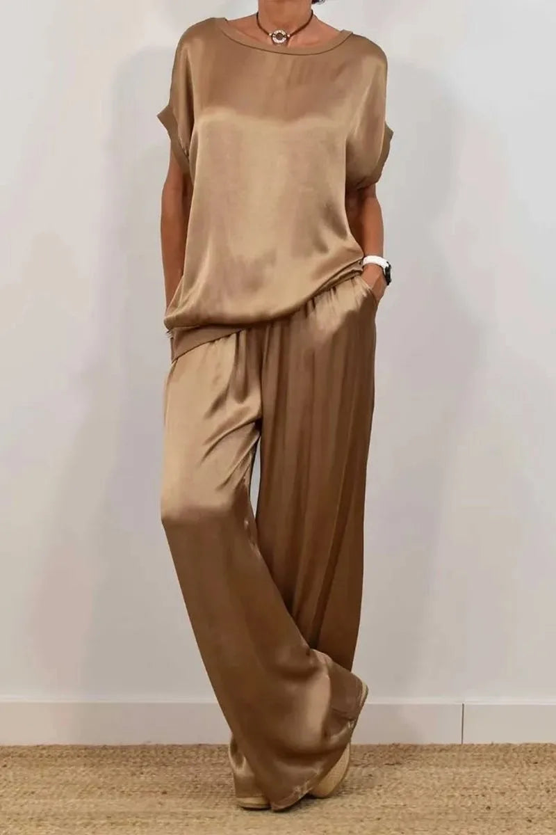 Casual Loose Satin T Shirt And Pants Two Piece Sets Women Summer Solid Short Sleeve T Shirts Suit Elegant Wide Leg Pants Sets
