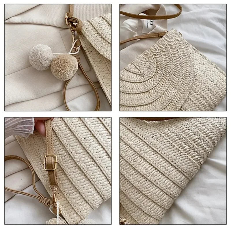 Handmade Straw Beach Shoulder Crossbody Bag Girls Envelope Woven Summer Small Hair Ball Cluth