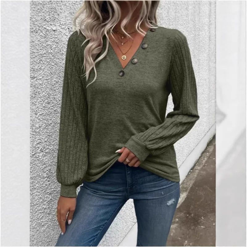2025Popular2025New European and American Style Autumn New Button Decoration PatchworkVCollarTWomen's Pullover T-Shirt