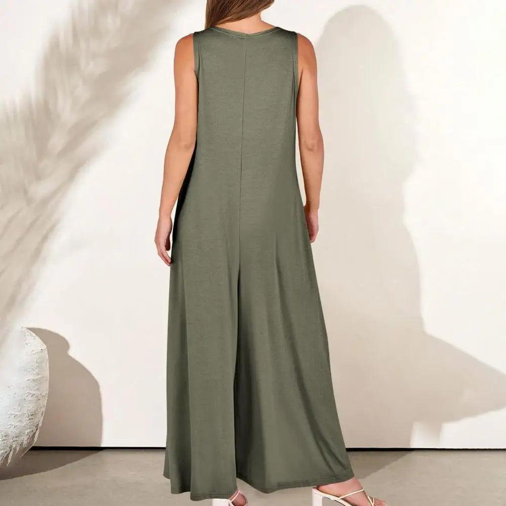 Mono de Color liso para mujer, mono de pierna ancha, mono elegante de verano para mujer con corte bajo, cuello en V, pierna ancha plisada, suelto para usar