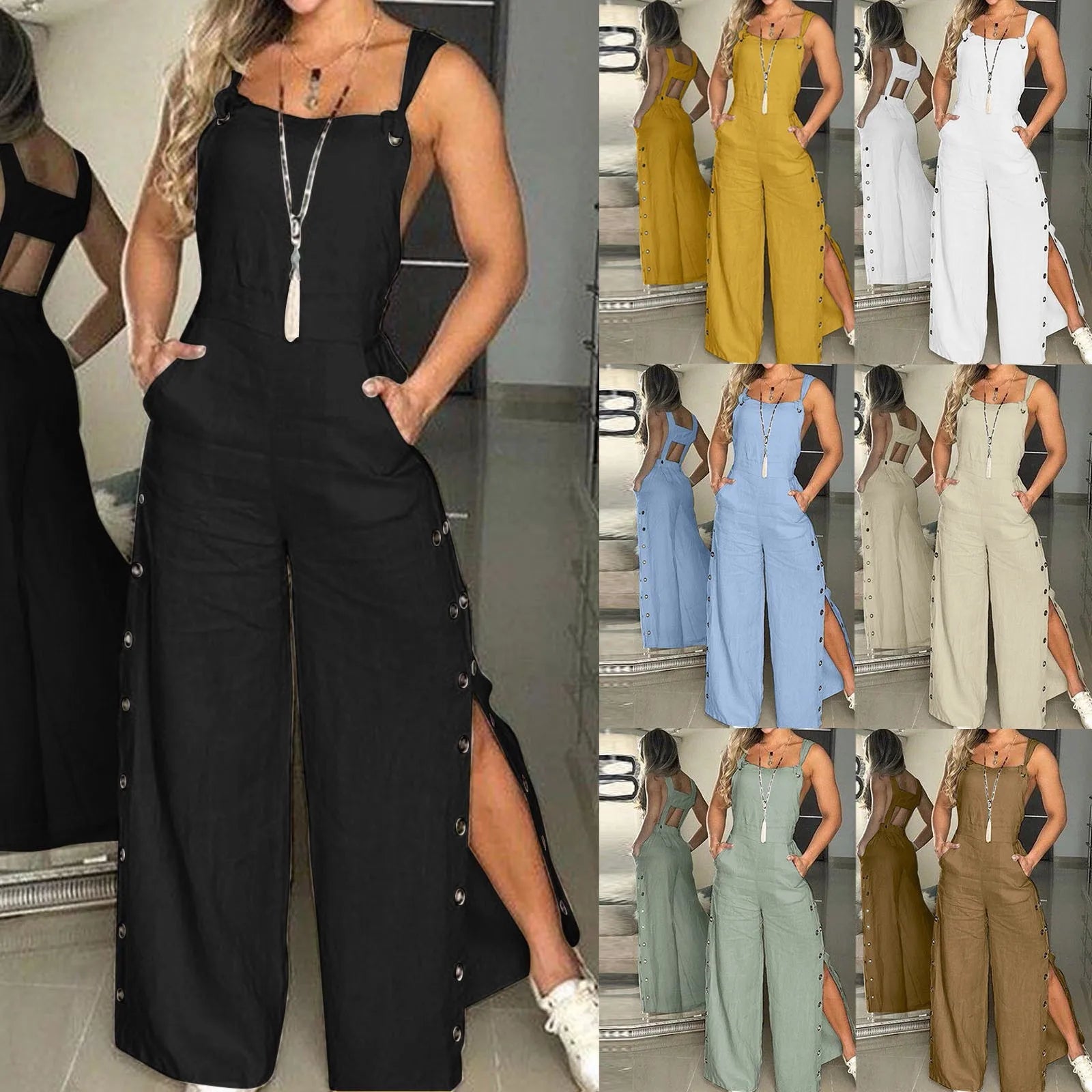 Monos de lino y algodón sin mangas para mujer, monos con apertura de botones laterales y tiras, pantalones largos sueltos de pierna ancha, monos femeninos de verano