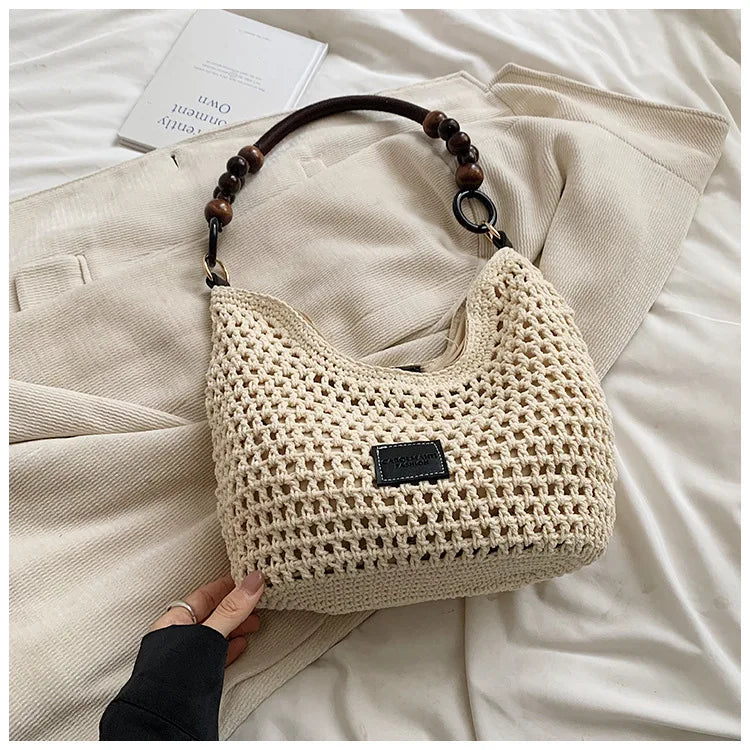 FLYING STARS Brand Fashion Women's Shoulder Bag Large Capacity Beach Vacation Bag Knitted Bag for Women Hollow Knitted Handbag