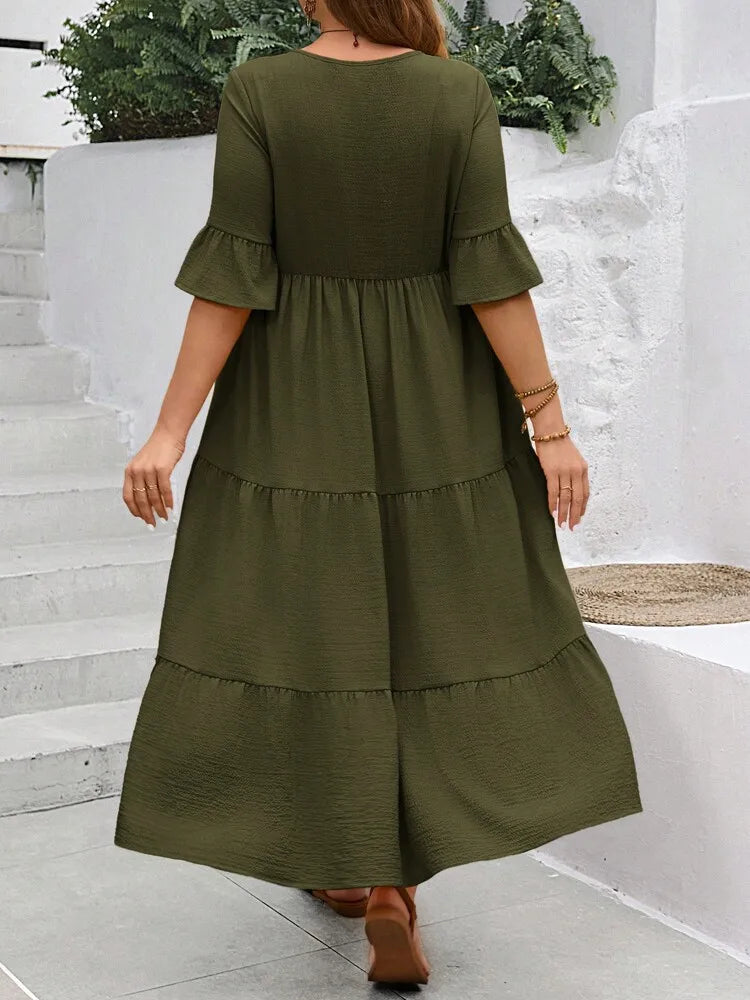 2024 Spring and Summer New Large V-neck Splicing Multi color Multi plus size Long Style Large Swing Dress