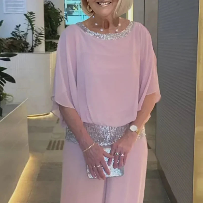 Pink Sequin Spinning Tunic Suit Women Spring O Neck Top Pullover & Wide Leg Pants Outfit Summer Batwing Sleeve Loose Chiffon Set