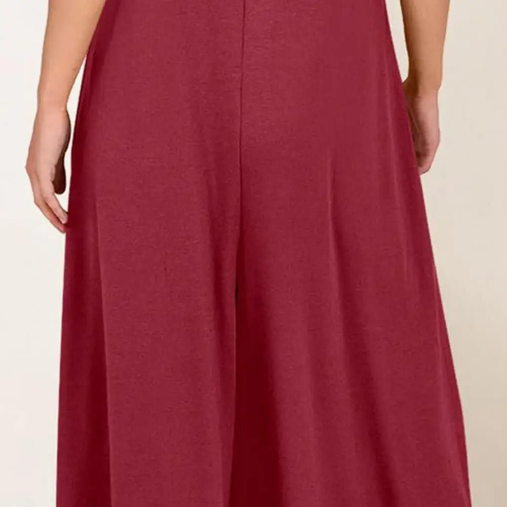 Mono de Color liso para mujer, mono de pierna ancha, mono elegante de verano para mujer con corte bajo, cuello en V, pierna ancha plisada, suelto para usar