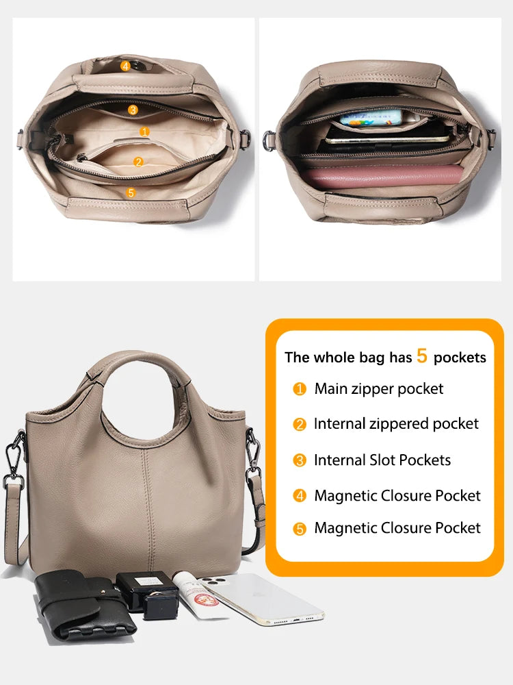 Zency Vintage Leather Shoulder Bag for Women Small Designer Khaki Tote Crossbody Hobo Handbag Large Capacity for Shopper