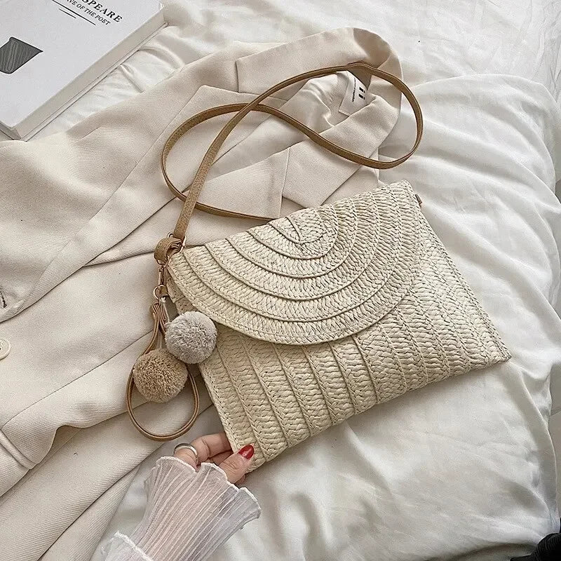 Handmade Straw Beach Shoulder Crossbody Bag Girls Envelope Woven Summer Small Hair Ball Cluth