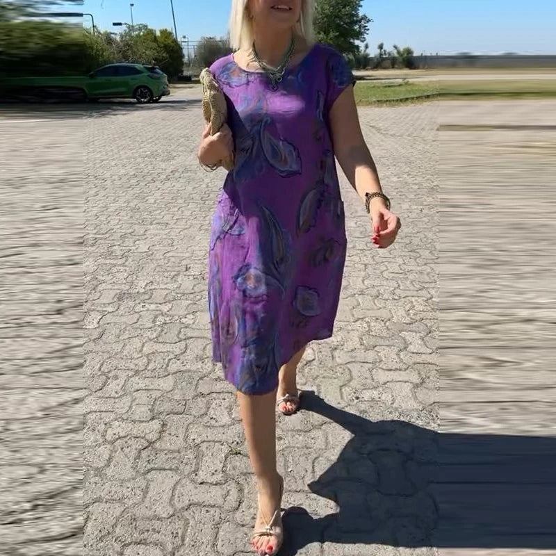 Casual High Waisted Loose Pocket Dress Women Short Sleeve O Neck Vestidos Dress Retros Pattern Printed Loose Commute Mid Dresses