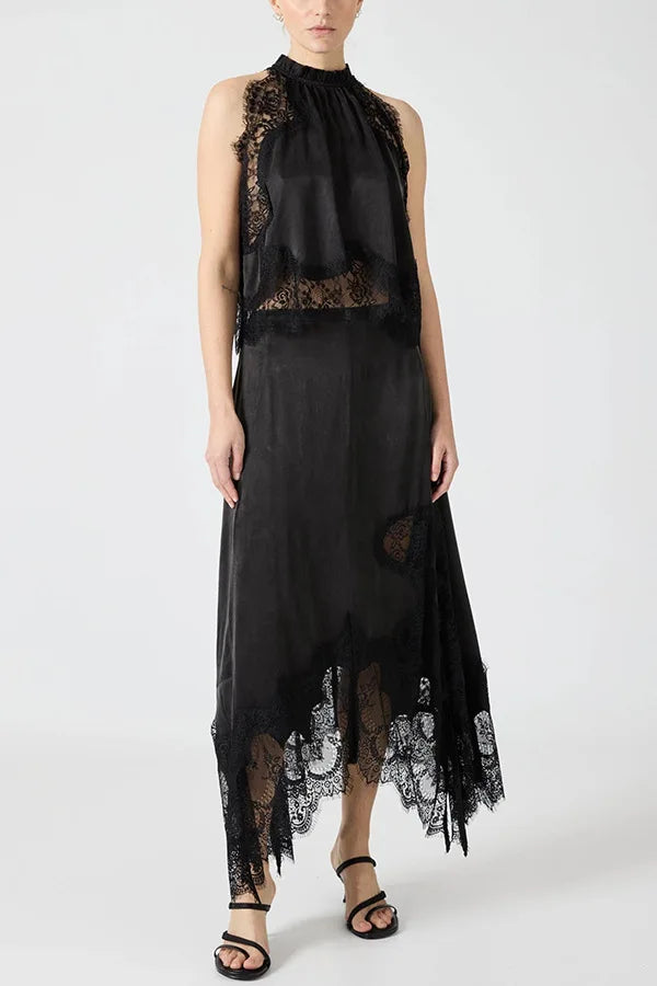Fashion O-neck Sleeveless Top & Long Skirt Suit Women Sexy Lace Patchwork Solid Party Outfits Elegant Hollow Out Loose 2Pc Sets
