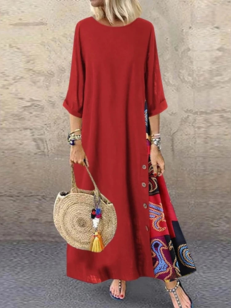 Women Vintage Print Patchwork Maxi Dress Boho 3/4 Sleeve Oversized Long Dress Casual Harajuku O Neck Loose Dress Elegant Robe