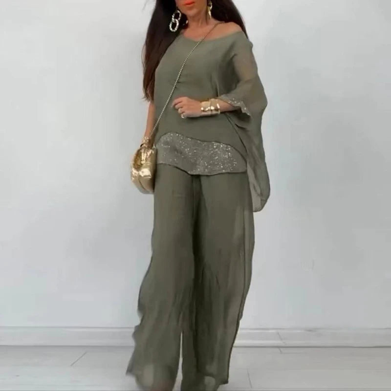 Spring Splicing Sequin Chiffon Set Women Casual Round Neck Top Pullover & Wide Leg Pants Suit Summer Batwing Sleeve Loose Outfit