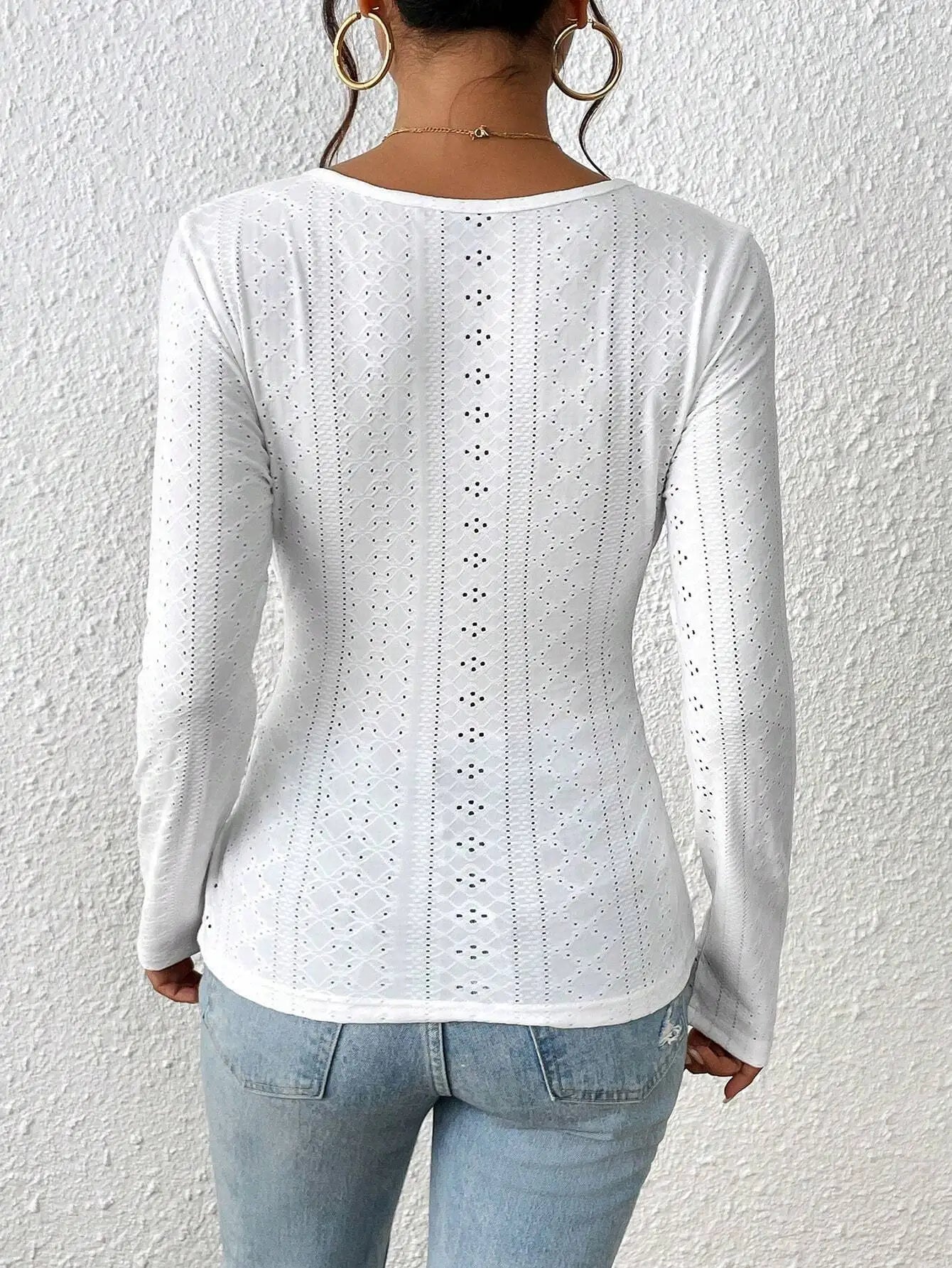 Women's Plain Elylet Embroidery Fake Buttons Wrap Ruched Tee, Elegant Slim Fit Long Sleeve V Neck T Shirt
