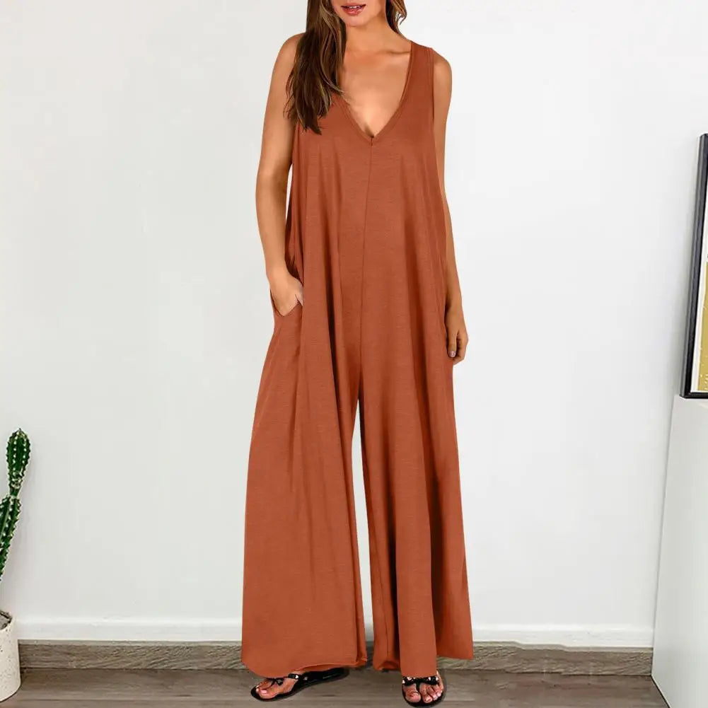 Mono de Color liso para mujer, mono de pierna ancha, mono elegante de verano para mujer con corte bajo, cuello en V, pierna ancha plisada, suelto para usar
