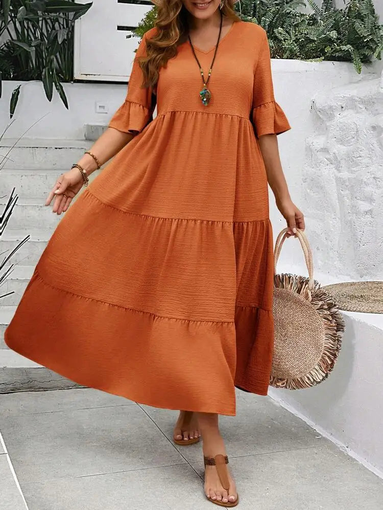 2024 Spring and Summer New Large V-neck Splicing Multi color Multi plus size Long Style Large Swing Dress