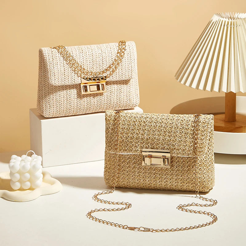 Fashion Straw Women Chain Shoulder Bag Woven High Capacity Buckle Closure Clutch Handmade Crossbody Bag Women