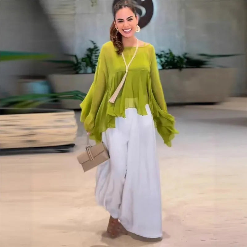 2025 New Temperament Commuter Women's Set Fashion Solid Color Loose Long Sleeve Top Casual Simple Wide-leg Pants Two-piece Set